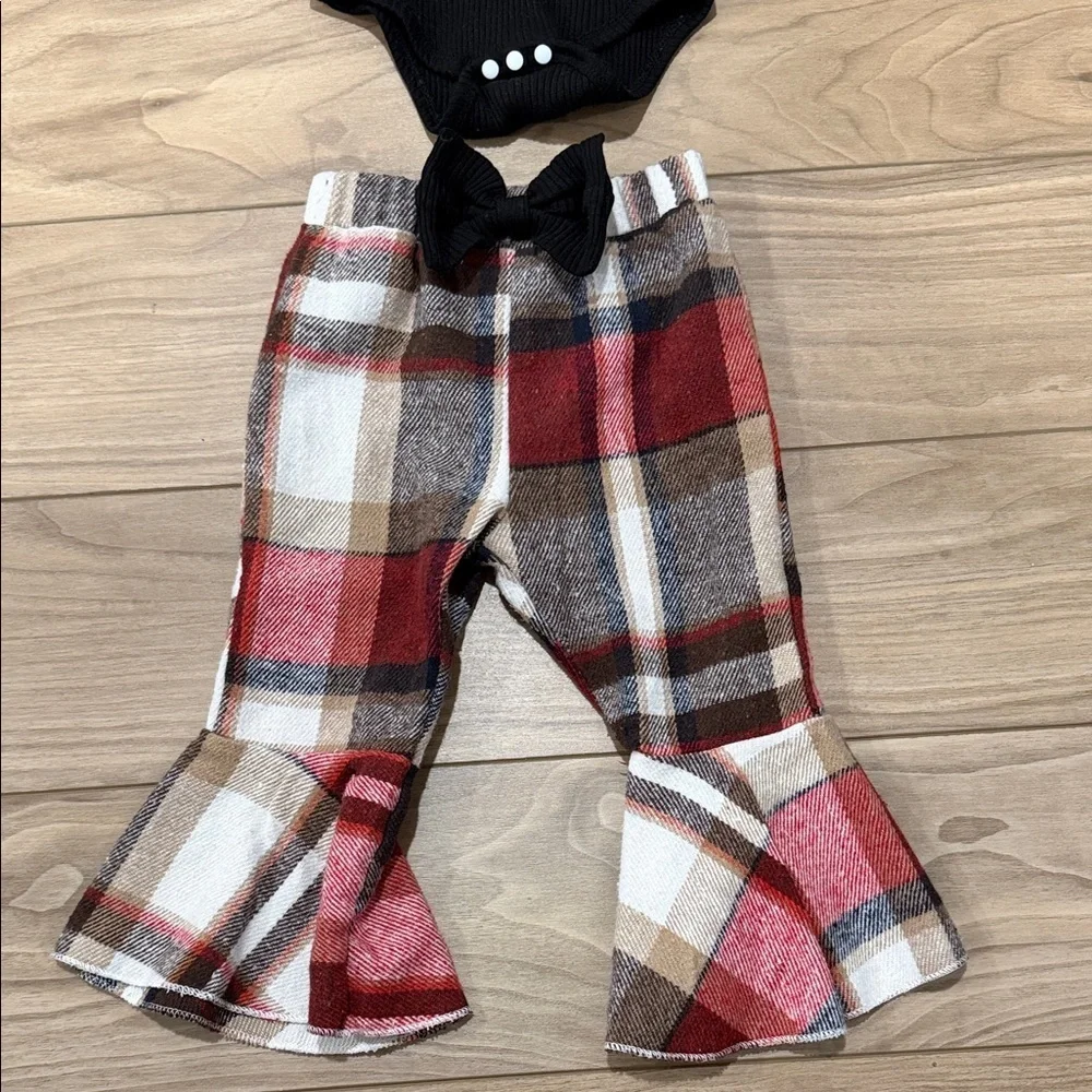 Black Puffy Sleeve Onesie with Plaid Flare Pants